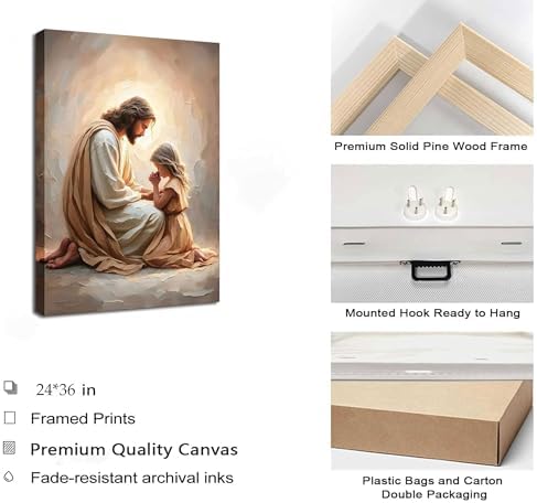 Jesus Wall Art with Girl Praying, Christian Canvas Print, Framed, 24x36 in | Faith-filled imagery brings comfort and hope to bedrooms, prayer rooms, churches, nurseries, or quiet reflection spaces.