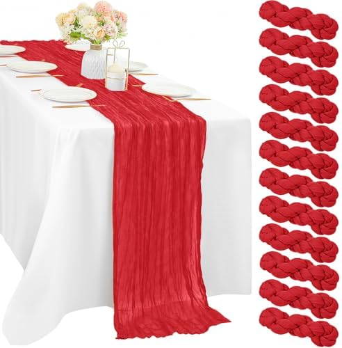 Red 12 Pieces 35 x 120 Inches Long Cheesecloth Table Runner Gauze Fabric 10Ft Boho Table Runner Rustic Sheer Runner for Wedding Baby Bridal Shower Birthday Holiday Party Table Arbor Decor (Red)