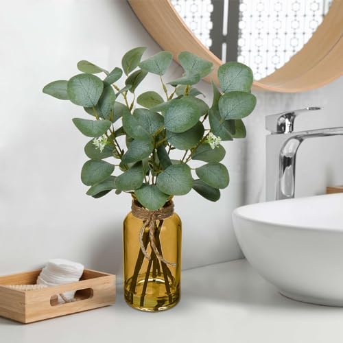 Artificial Eucalyptus Stems Fake Plants in Glass Vase with Faux Water