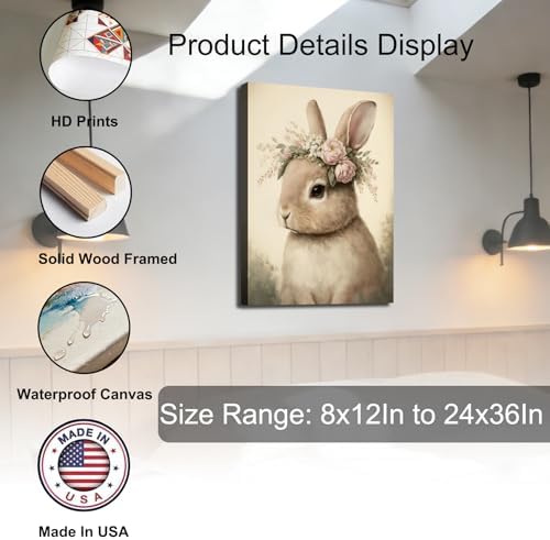 Framed Easter Bunny Rabbit Wall Art 16x24 In, Vintage Wrapped Canvas Poster Prints Wall Decor Rustic Artwork Painting for Bedroom, Living Room,Bathroom Holiday Home Decoration