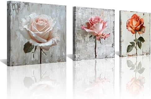NAN Wind 3 Panel Rose Canvas Art with Distressed Wood Frame Vintage Botanical Wall Art for Farmhouse Decor Pink Orange Rose Gallery Wall Set Ready to Hang Floral Prints for Living Room Bedroom Kitchen