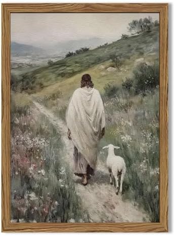 Jesus and Lamb Wall Art 3D Textured Hand Drawn Sandstone Lost Lamb Wall Decor, Jesus Leaves the 99 Sheep Christian Paintings Artwork for Living Prayer Room Bedroom 24x36 inch Wood Framed