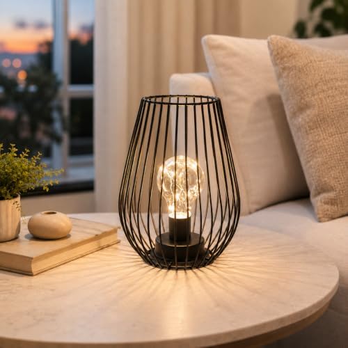 TRIROCKS Metal Cordless Table Lamp - 8'' Tall Cage Shape Battery Operated Lamp with Warm Fairy Lights Bulb for Indoor/Outdoor Use, Perfect for Christmas, Patio, Garden, and Weddings (Black)