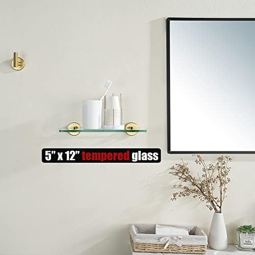 JQK Bathroom Glass Shelf Gold, Tempered Glass Shower Storage 12 by 5 inches, 304 Stainless Steel Brushed Gold Wall Mount, TGS101L12-BG