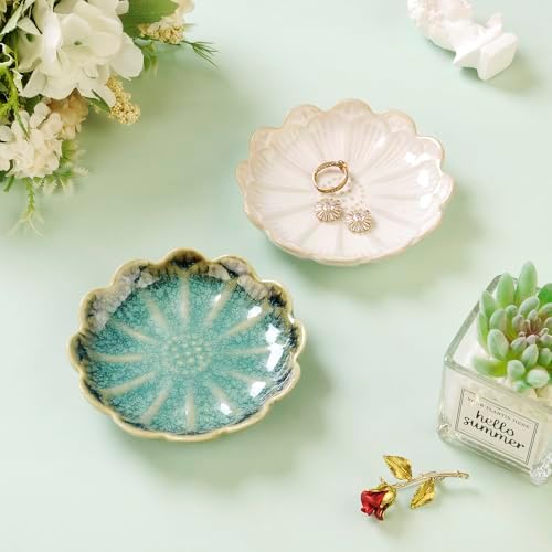 Lotus Ring Holder Dish Small Indoor Ash Tray, Ceramic Dessert Plate Trinket Jewelry Holder Organizing Necklace Earrings for Parents Friends Sister, White. All Jewelries Are NOT Included.