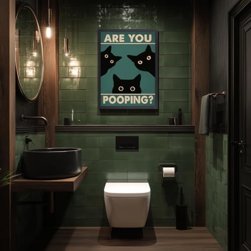 Cyebmo Funny Black Cat Bathroom Wall Art, Whimsical Toilet Humor Wall Decor, “Are You Pooping?” Cat Art Print, Three cats Poster Print for Restroom BathRoom Wood Framed Ready to Hang 16x24 Inch