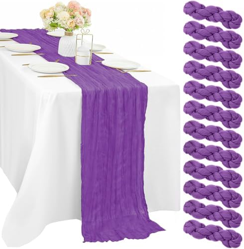 Purple 12 Pcs Cheesecloth Table Runner 10FT Runner for Tables Gauze Fabric 35 x 120 Inches Long Boho Table Runner Decoration Rustic Sheer Runner for Wedding Birthday Baby Shower Party (Purple)