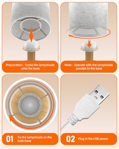Small Touch Table Lamp for Bedroom, Portable LED Desk Lamps, 3 Color Stepless Dimming Up, Wood Base Round Flaxen Fabric Shade for Kids Room, Living Room, College Dorm, Home, Office