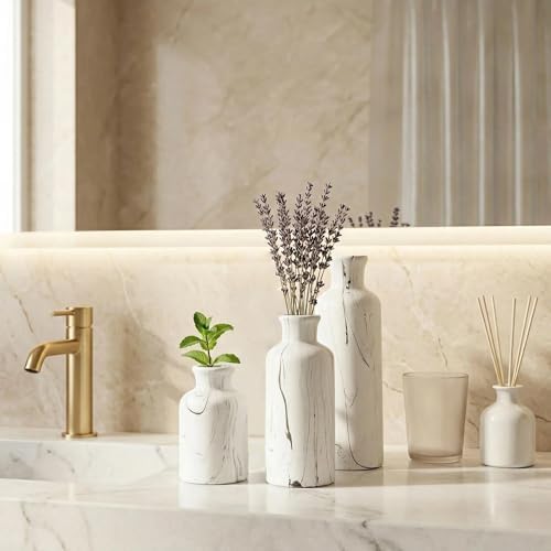 White Marble Look Vase Set of 3, Modern Ceramic Flower Vase for Home Decor, Decorative Vase for Table Entryway Mantel Centerpiece Living Room Bathroom Bedroom (White Gray Marble)