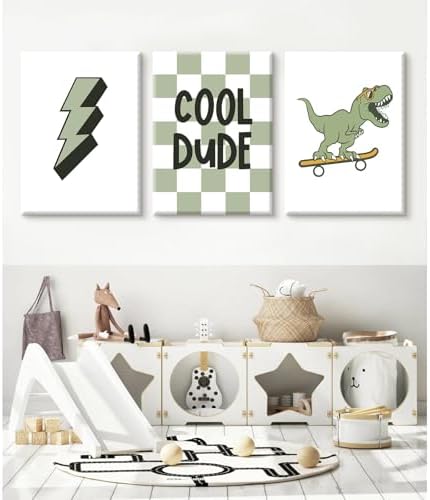 Nursery Dinosaur Wall Art Prints Set of 3 Boys Room Canvas Wall Decor Toddler Kids Wall Art Prints Dinosaur Skateboard Pictures Poster Boys Dino Artwork Decor for Bedroom 16x24 Inch Wrapped Canvas