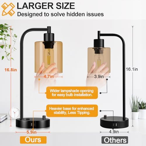 Lynnoland Set of 2 Industrial Table Lamps with USB C+A Ports and Outlet, Black Nightstand Lamps with Amber Glass Shade for Reading Living Room Office (2 LED Bulb)