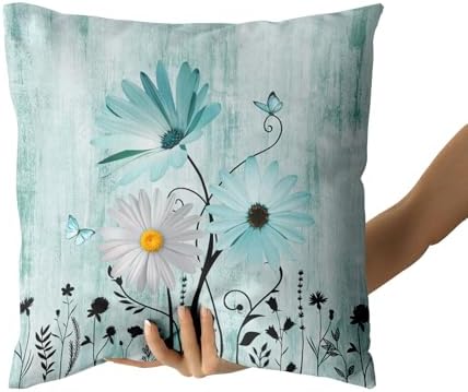 Giwawa 2PCs Teal Daisy Pillow Covers- 16"x16" Rustic Turquoise Floral Double Sided Square Pillowcases- Farmhouse Flower Butterfly Throw Cushion Cover for Sofa Porch Patio Outdoor Decor