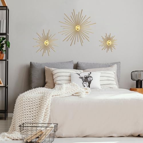 Fourluoo 3 Pcs Metal Starburst Wall Decor Gold Metal Wall Art 3D Spike Bling Finish Star Burst Hangings Accents Sculptures Set Modern Mid Century Decorations for Living Room Bedroom Entryway