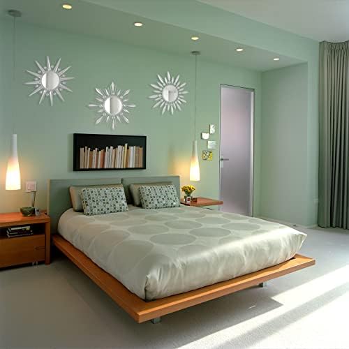Silver Mirrors Wall Decor, Metal Sunburst Mirror Wall Art Decor Mirror | Manortang 9 inch Home Christmas Decoration Rhinestone Small Mirror for Living Room Entryway Set of 3
