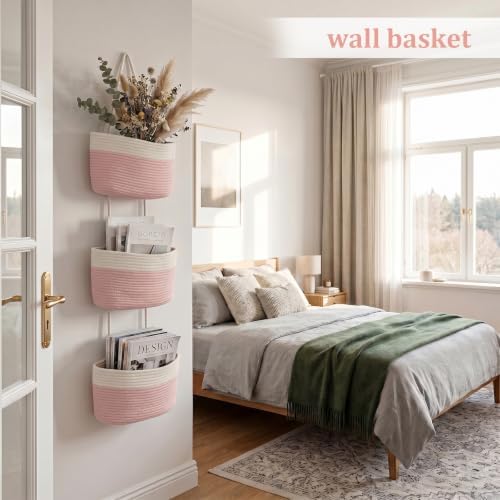 TeoKJ Over the Door Hanging Basket, 3-Tier Woven Cotton Wall-Mounted Storage Organizer Bag Decorative Hanging Nursery Baskets, Pink & White