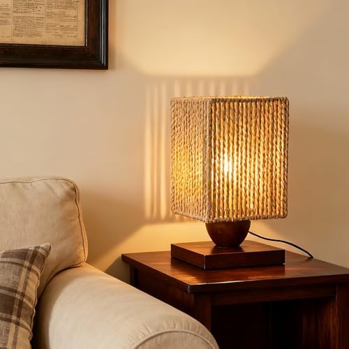 Small Rattan Table Lamp, Square Shade, Woven Square