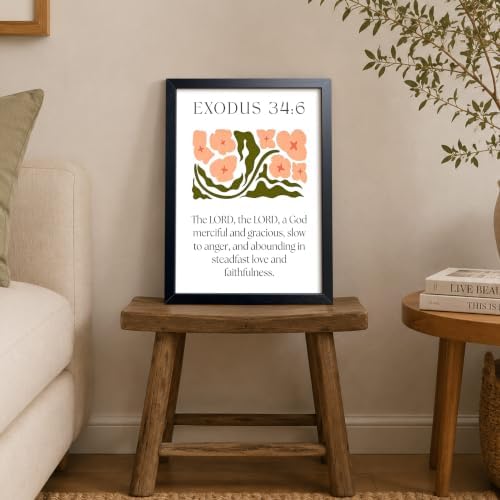 Framed Exodus 34:6 Bible Verse Wall Art, Christian Floral Canvas Wall Decor Painting, Boho Floral Religious Inspirational Scripture Print Poster Picture for Living Room Bedroom Prayer Home Decor 12x16 Inch