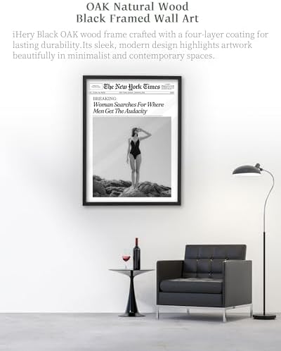 iHery 12x16in Where Men Get the Audacity Framed Newspaper Wall Art | Black Natural OAK Wood Frame with Canvas Print, Funny Magazine Decor for Bathroom Bedroom Girl Dorm Living Room, 1Pack