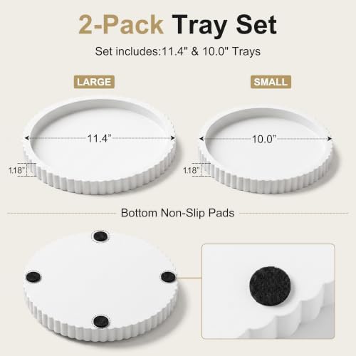 FGU 2 Pack Round Wood Decorative Trays for Coffee Table Home Decor, White