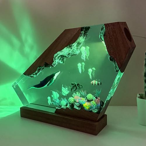 Handmade Blue Whale Resin Lamp with Wood Base
