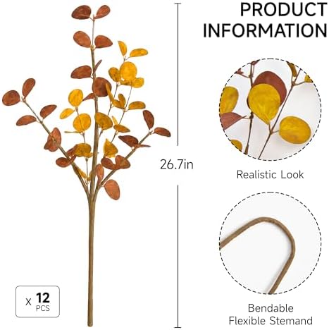 ZIFTY 12Pcs Fall Decor Eucalyptus Stems Picks 26.7" for Home Decorations