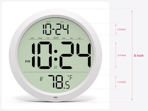 Digital Wall Clock Battery-Operated, 8 Inch Small Decorative Modern Wall Clock with Date, Temperature, Auto-DST, Silent Electric Wall Clock for Bedroom, Living Room, Kitchen, Office, Farmhouse - White