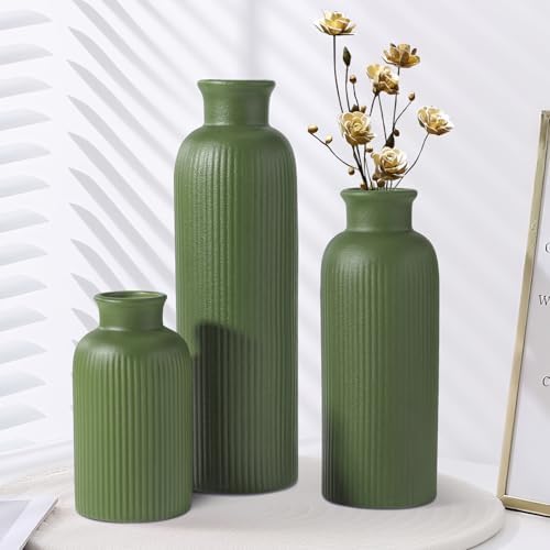 Small Sage Green Ceramic Vase Set of 3, Boho Modern Flower Vase Room Decor, Farmhouse Decor, Vases for Your Kitchen, Bathroom, Bedroom, Living Room, Office&Shelf Centerpiece Table Decorations