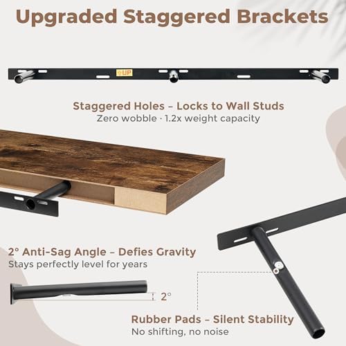 FLYJOE 55 Inch Floating Shelves for Wall Set of 2, 6.5" D Wood Grain Bathroom Shelves with Invisible Brackets, Easy Install Engineered Wood Storage Shelves for Kitchen, Living Room, Bedroom