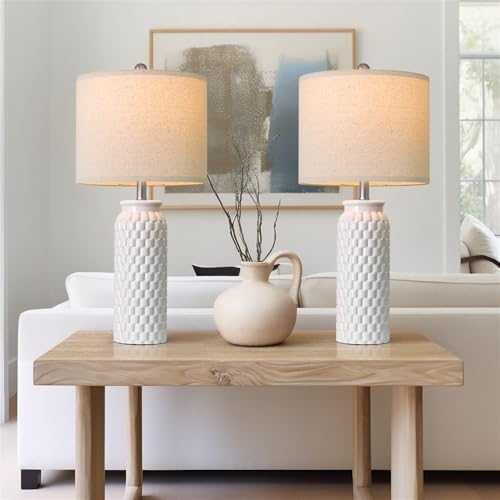 USumkky 27" Ceramic Table Lamps Set of 2 - Modern Farmhouse & Boho Style, Bedside Nightstand Lamps for Bedroom, Living Room End Table Lamps, Small Desk Lamp(White)
