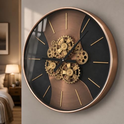 21.65 Inch Large Moving Gear Wall Clock for Living Room Decor Battery Operated Steampunk Industrial Style, Fireplace Kitchen Office Wall Decor Luxury Antique Rosegold