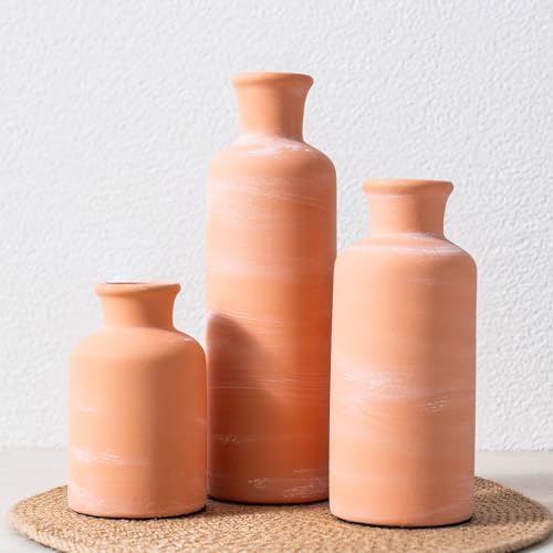 Vintage Ceramic Flower Vase Set of 3, Rustic Farmhouse Vase for Home Decor, Distressed Decorative Vase for Table Entryway Mantel Centerpiece Living Room Bathroom Bedroom (Terracotta)