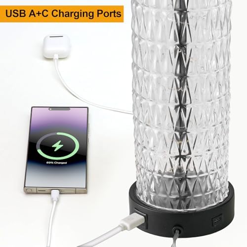Oneach 27.75” Table Lamps Set of 2, Black Modern Bedside Lamp with LED Night Light, USB A+C, Glass Lamps for Living Room, Bedroom, Nightstand, Office, End Table (2 Bulbs Included)