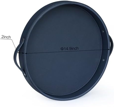 HofferRuffer Top Nocth PU Leather Round Serving Tray, Decorative Serving Tray with Handles, Coffee Tray, Ottoman Tray for Home Or Office, Diameter 14.6-inch (Dark Blue)