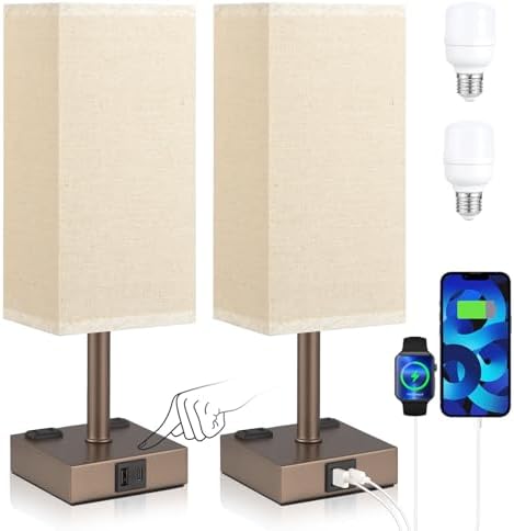 Brown Touch Lamps Set of 2 for Bedroom - Dimmable, USB C+A, 2 AC Outlets