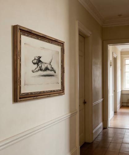 Vintage Gold Framed Wall Art Antique Terrier Sketch Wall Art Running Dog Wall Decor Picture Classic Minimalist Line Dog Poster Print for Living Room Bedroom 9x11in