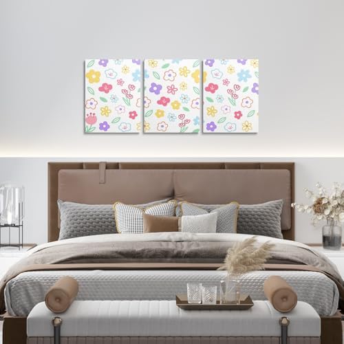 Feelyou Cute Flower 3 Piece Canvas Wall Art for Living Room Bedroom Colorful Floral Wall Art for Home DecorCartoon Hand-drawn Office Decor ArtworkBotanical Decor Picture Posters