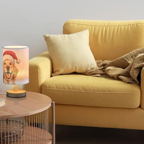 Christmas Golden Retriever Dog Santa Hat Bedside Table Lamps with USB Port for Bedroom Lamp Small Nightstand Lamp Sturdy Linen Shade Wooden Decorative Lamps for Nursery Kids Reading Dorm Home