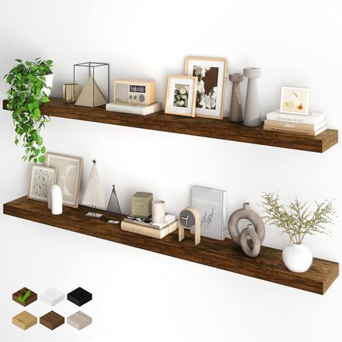 Fun Memories 66 Inch Fireplace Mantel - Long Floating Shelf, Wall Mounted Farmhouse Display with Invisible Heavy Duty Metal Bracket, Brown, 2 Pack