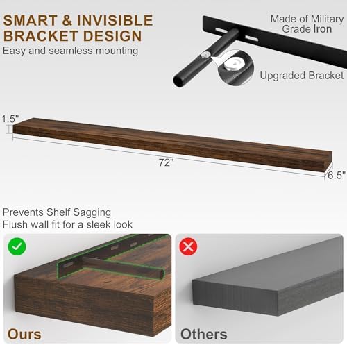 Fun Memories 72Inch Floating Shelves,Wall Mounted Rustic Wood Floating Shelf with Invisible Brackets for Storage & Decor,2 Pack Shelves for Bathroom,Bedroom and Kitchen,Brown