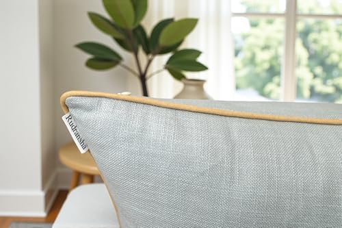 Rudransha Hand Embroidered Cotton Lumbar Pillow Cover - 12x20 Robin’s Egg Botanical Leaf Accent - Hazel Leaves