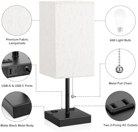 Bedside Lamp for Bedroom - 3 Color Temperatures, USB A+C, 2 AC Outlets