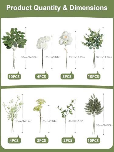 Artificial Wedding Greenery Filler Box Set 50Pcs with 8 Kinds Fake Greenery Stems for Centerpiece and Floral Arrangement Greenery Bouquet Filler(White Green)