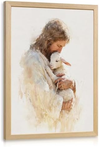 EisEver Jesus Holding Lamb Wall Art, Christian Good Shepherd Religious Decor, Inspirational Jesus and Lamb Canvas Print, Biblical Faith Artwork for Bedroom Prayer Room Church Wood Framed 16x24 Inch