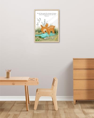 KensTro 12x16 Oak Framed Psalm 42:1 Deer Christian Wall Art | Natural Oak Wood Frame with Psalm 42:1 Deer and Stream Scripture Art for Bedroom, Office, Hallway or Prayer Space