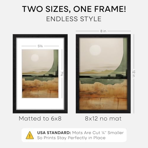 Homeforia 8x12 Black Oak Picture Frame, High-End Wood, 6x8 Mat, Glass