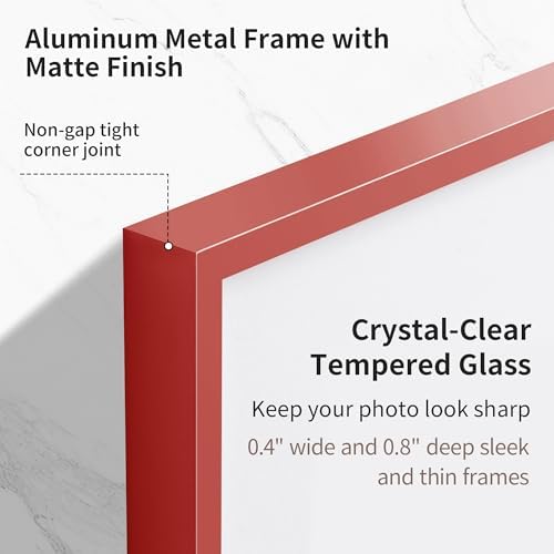 Fun Memories 16x20 Metal Picture Frame with 11x14 Mat, Brushed Aluminum Finish, Tempered Glass Front, and Attached Hanging Hardware(Red, Pack of 1)