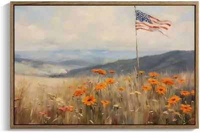 American Flag Framed Canvas Wall Art, 4th of July Patriotic Canvas Prints | Wildflower Meadow Landscape Poster Print, Vintage Rustic Independence Day Wall Decor for Bedroom Living Room 16×20in