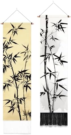 PLIGREAT 2 Pack Bamboo Leaf Tapestry with Tassels, Ancient Bamboo Wall Hanging Home Decor Chinese Art Vertical Wall Tapestry for Bedroom Living Room Long Narrow Home Hanging Decor, 46" x 13"