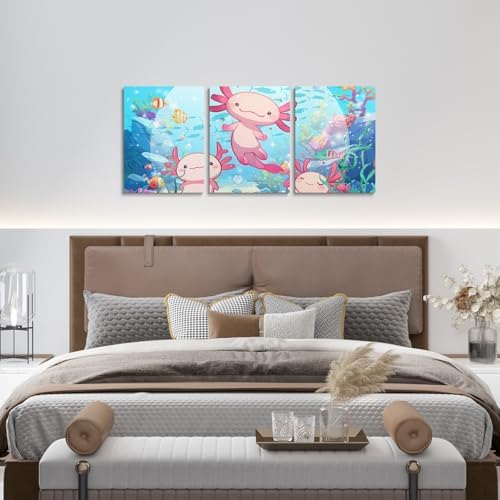 Feelyou 3 Piece Pink Axolotl Framed Canvas Wall Art for Living Room Kawaii Sea Animal Wall Decor for Bedroom Salamander Office Wall Decor Cute Sea Creature Wall Painting Artwork Art Home Decor
