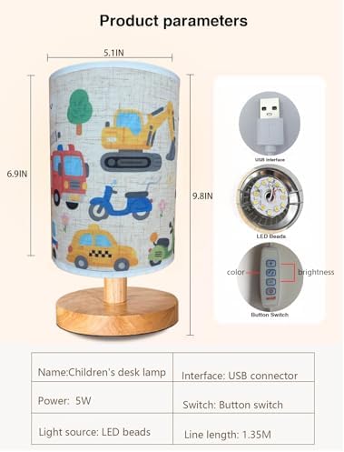 Kids Lamps for Bedrooms Boys, Car Lamp,3 Level Dimmable Wood Nightstand Desk Base Flaxen Fabric Shade for Bedroom Living Room,Car Gifts for Boys (car)